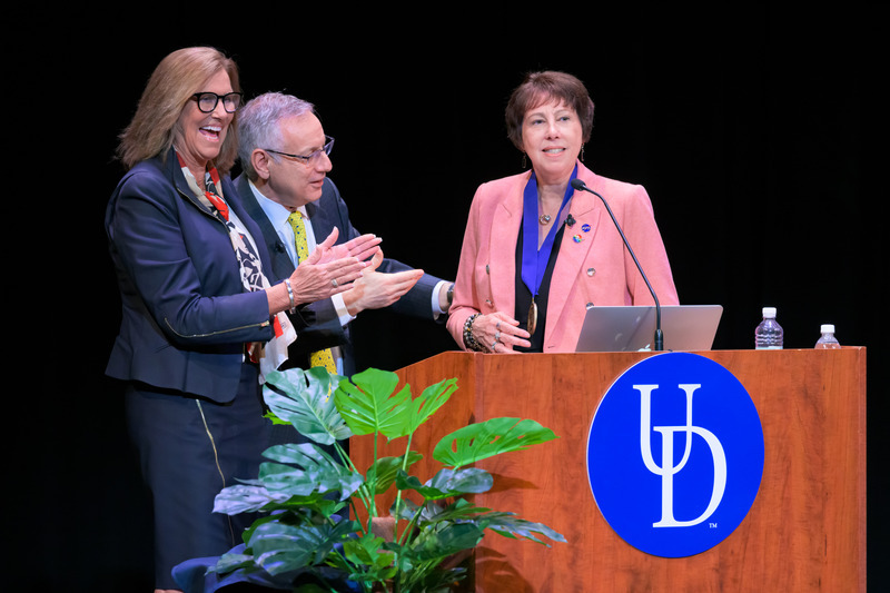 Terri Kelly, chairman of the University of Delaware Board of Trustees, recognized NASA Science Chief Nicola “Nicky” Fox with one of the University’s highest honors — the Medal of Distinction — after her “fireside chat” with UD President Dennis Assanis.