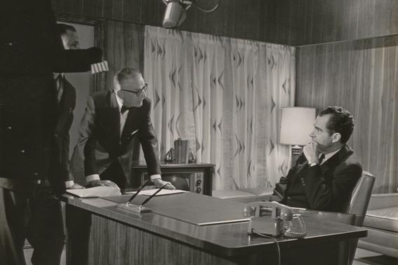 Then-Vice President Richard Nixon on set with Ray Culley, founder of Cinecraft and Jim Culley’s father. Nixon filmed a short movie asking Republic Steel Corporation employees to support his 1960 presidential campaign.