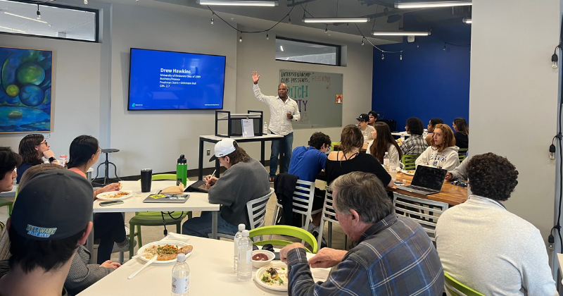 Free Lunch Friday Drew Hawkins, CEO and Founder of Educore Sports and Entertainment, talks about his sports management business with students