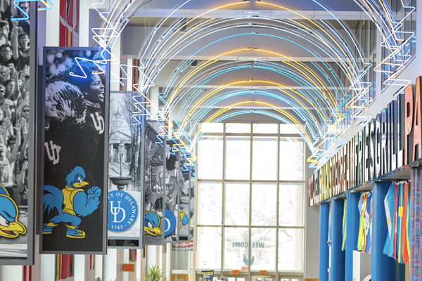 arched neon lights above Trabant Student Center food court
