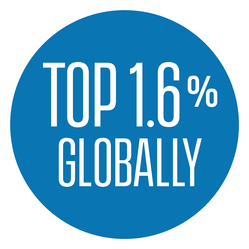 Top Ranking White text that says "Top 1.6% Globally" inside of a blue circle. The Circle is a shade a blue that is UD's primary color.