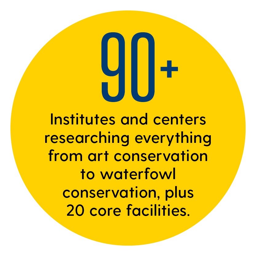 90+ Institutes and Centers, plus 20 core facilities. Text that says "90+ Institutes and centers, plus 20 core facilities" inside of a yellow circle.
