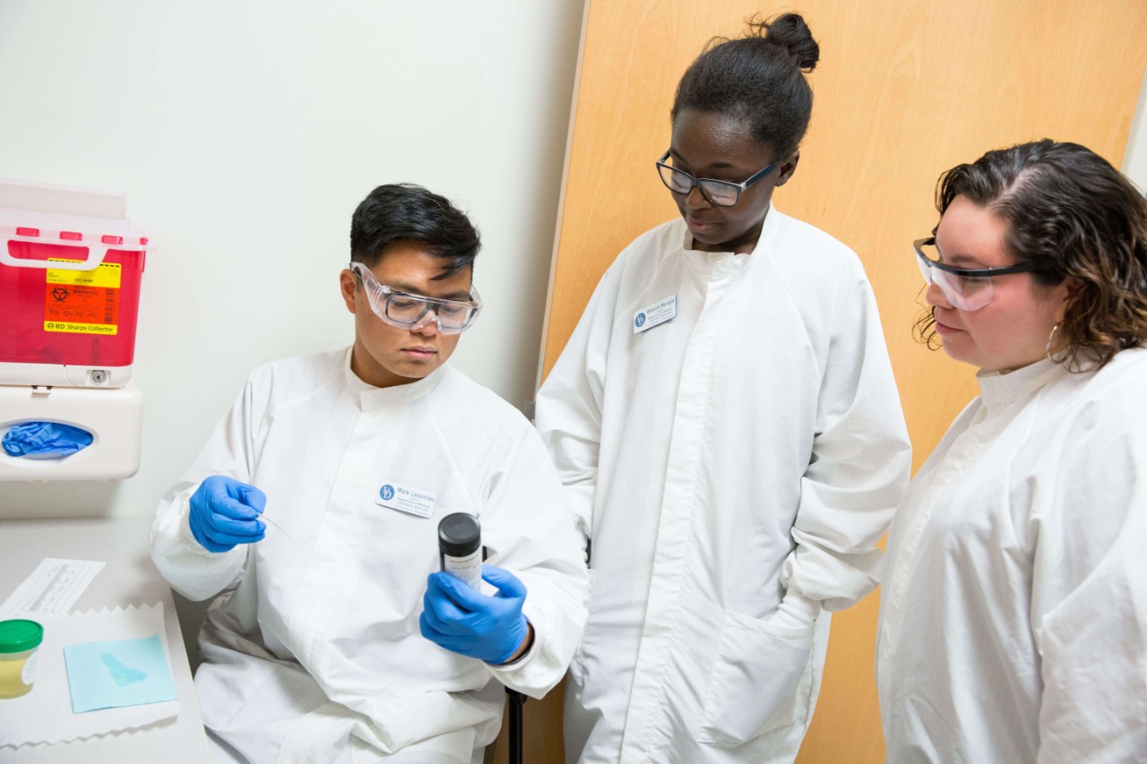 Three students looking at samples in a lab