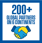 Text on an image that says "200+ Global Partners on 6 Continents"