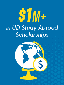 Text on an image that says "1 million in UD Study Abroad Scholarships"