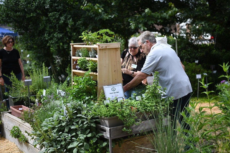 Visitors explore an herb garden