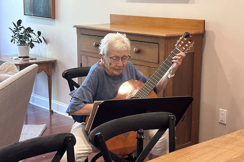 Peggy J. Ostrom Schultz proves it is never too late to bring music into your life. She practices guitar several hours a week at her home in Newark. Peggy J. Ostrom Schultz proves it is never too late to bring music into your life. She practices guitar several hours a week at her home in Newark.
