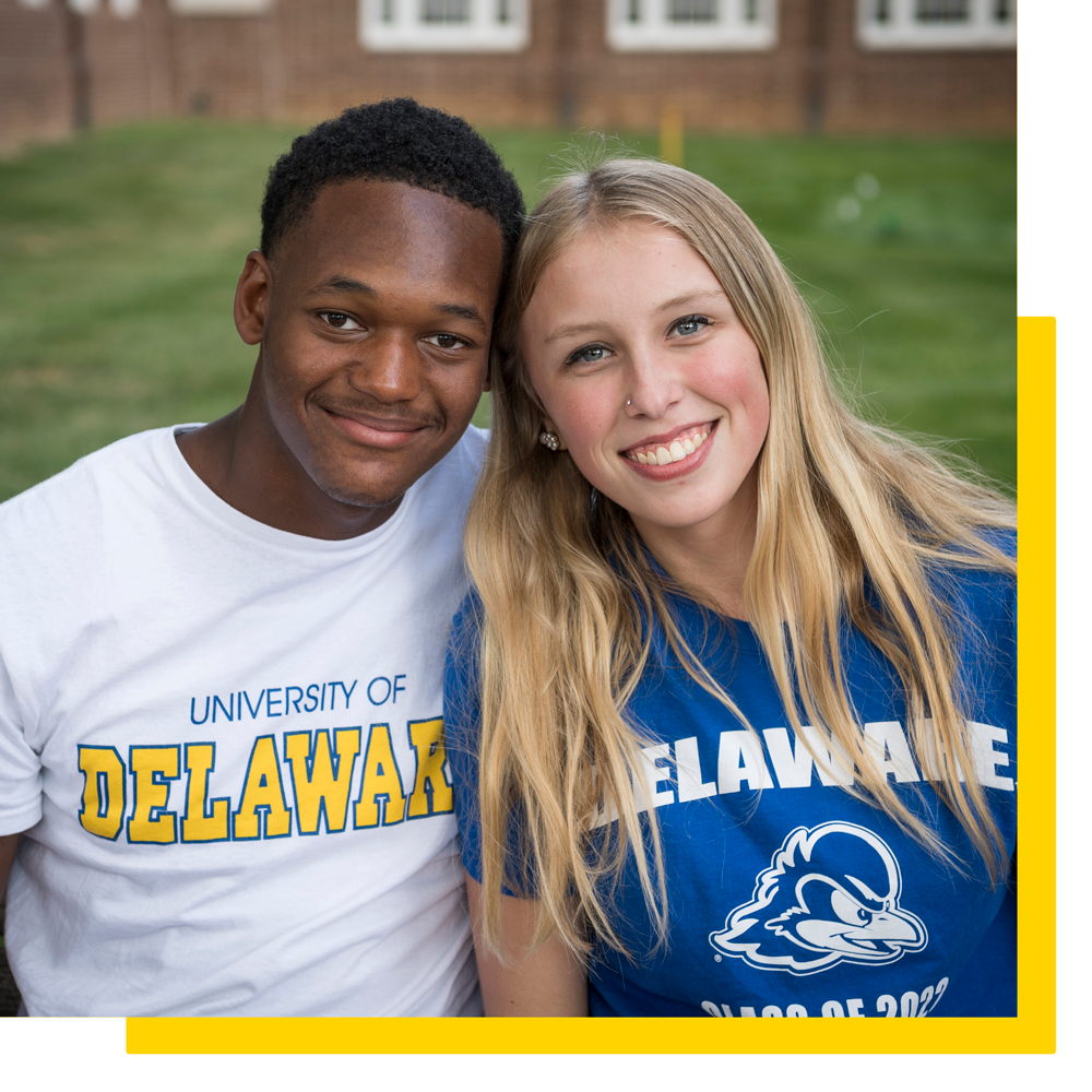 Two students smiling on The Green