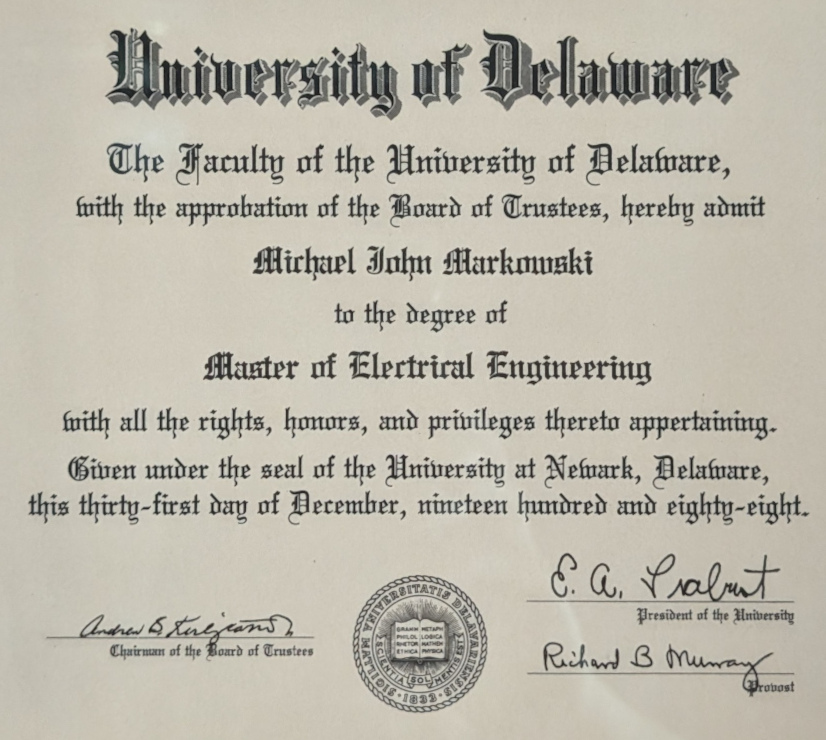 Photo of Mike's master's diploma