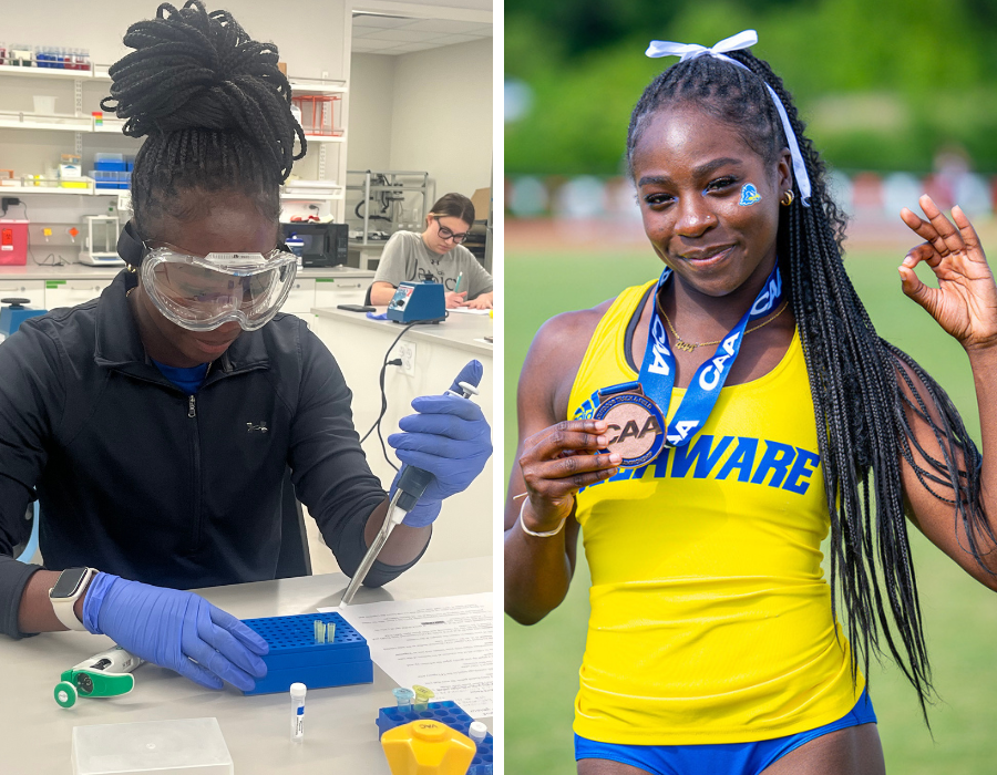 jahnia_hodge_canr_student_athletes_2024 - 1 Jahnia Hodge in the lab and on the track.