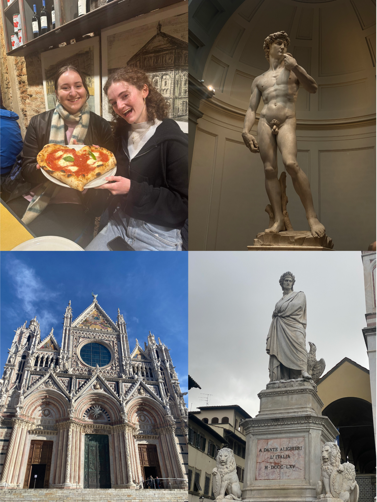 collage of students with pizza and sculptures/buildings