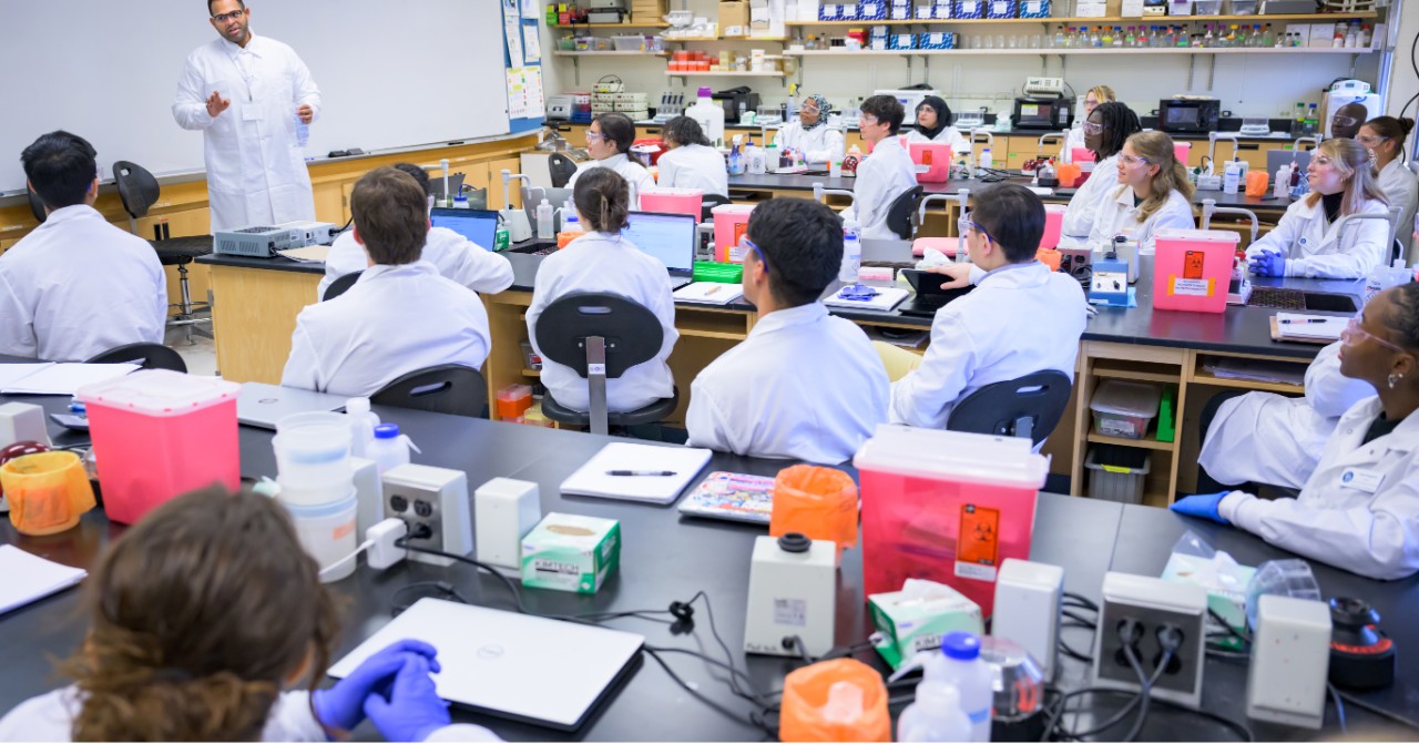 Students watch a lecture in a Department of Medical and Molecular Sciences lab.