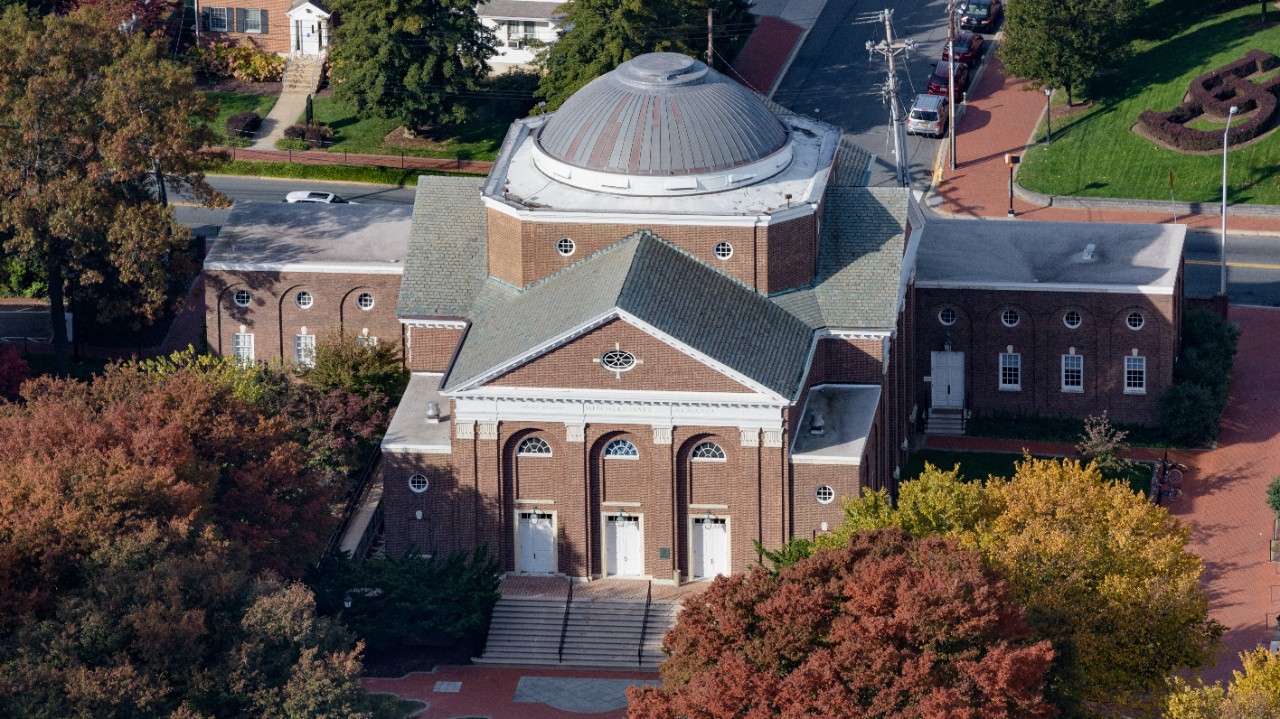 A aerial photo of the outside of Mitchell Hall