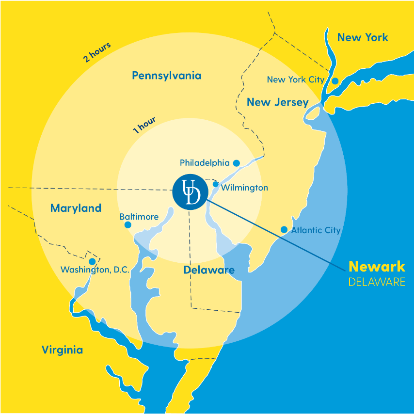 Visitors map showing UD in Northern Delaware surrounded by other cities and states