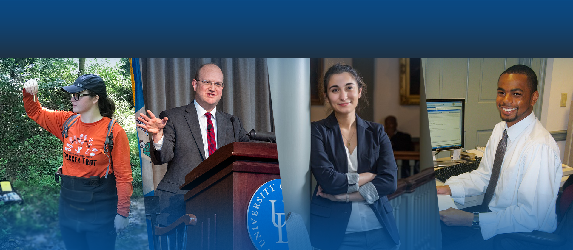 Photo illustration of a student taking water quality measurements, Troy Mix speaking at a podium, a female undergraduate researcher standing in Legislative Hall, and a student conducting policy research while sitting at a desk