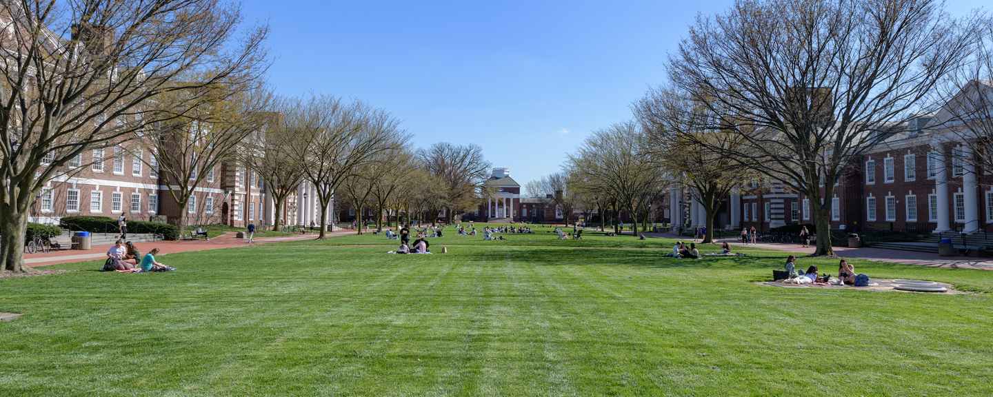 Students sitting on grass on the campus green