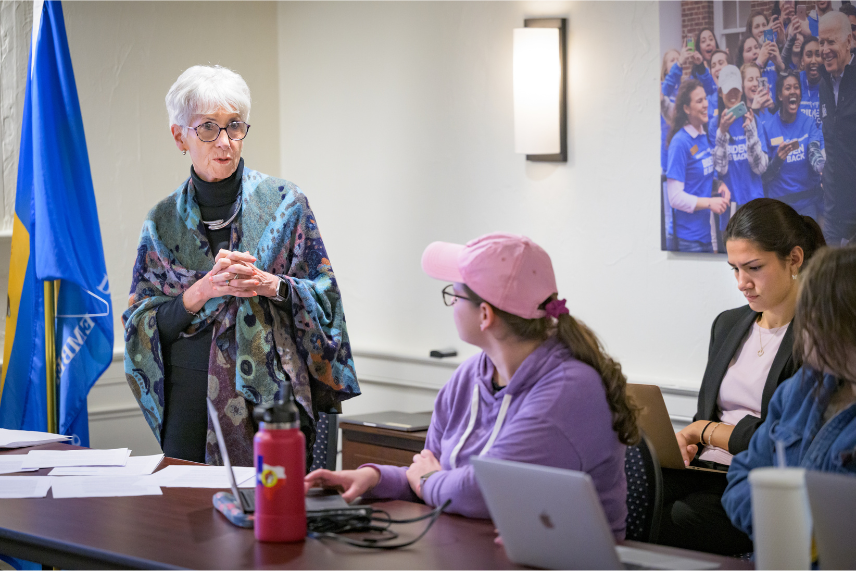 Photo of former Delaware Secretary of Education Susan Bunting addressing students during a Biden Institute education policy seminar