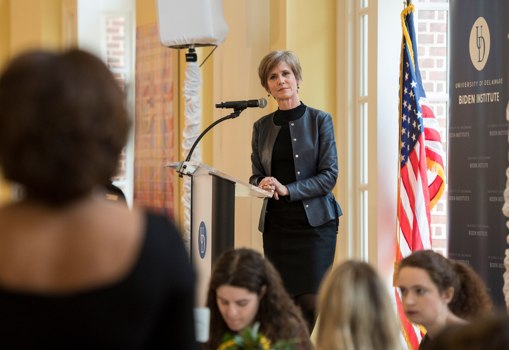 Photo of former Deputy Attorney General Sally Yates standing at a podium addressing the crowd during the 2019 Woman of Power and Purpose Award Ceremony