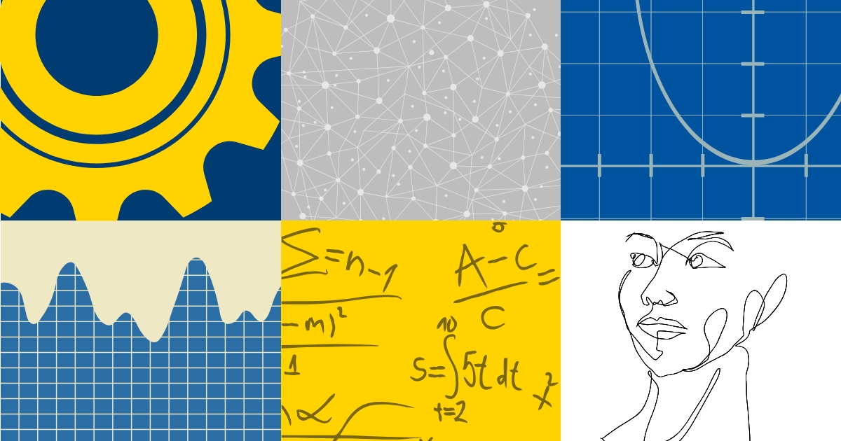 Graphic of graphs, faces, equations and gears.