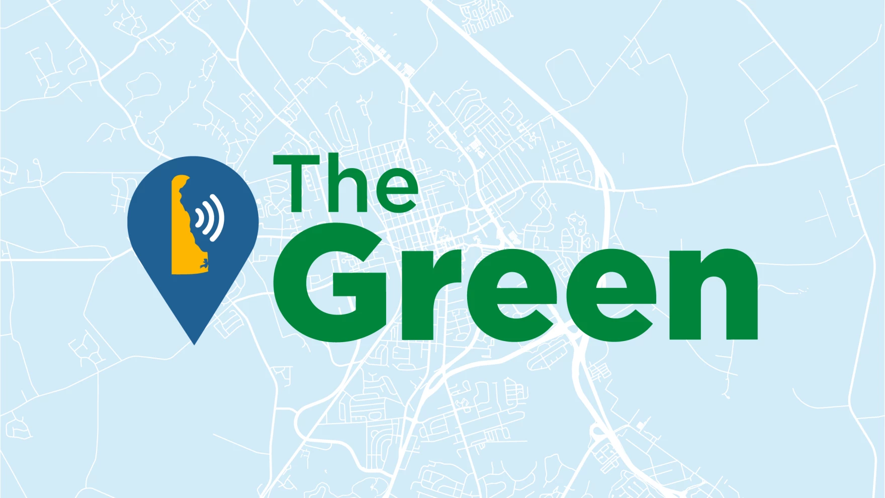 The green podcast logo over map of Delaware.