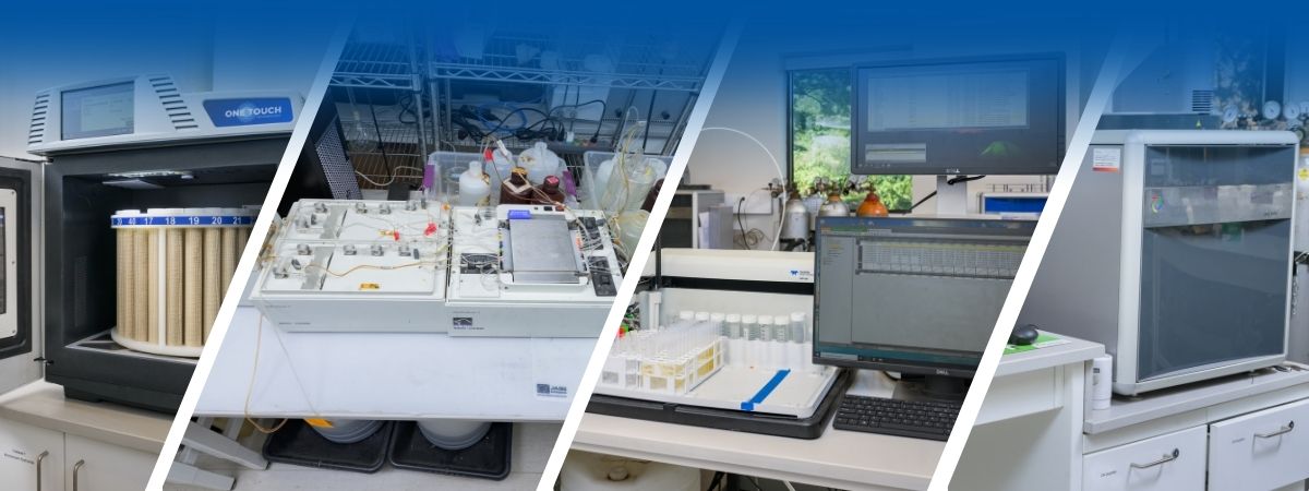 A collage of computers and lab equipment.