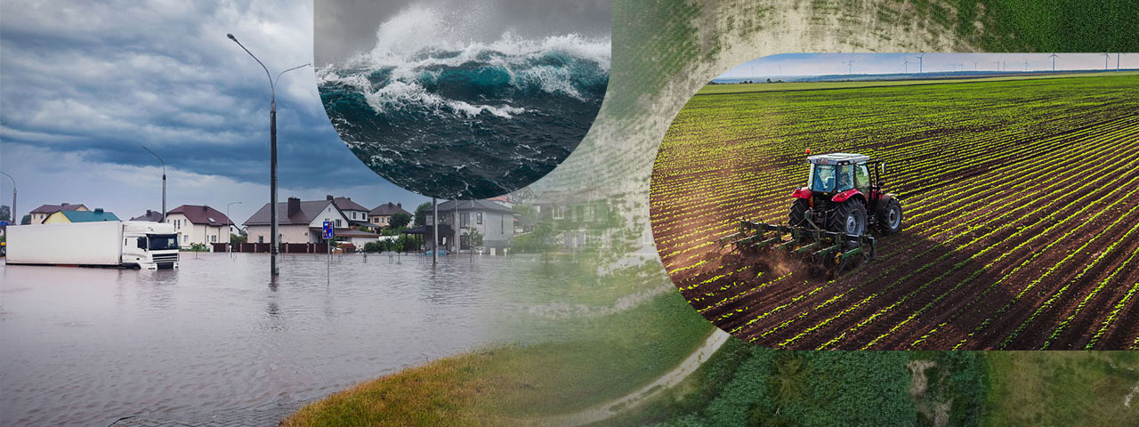 Collage of images showing coastal communities, flooding and salinization