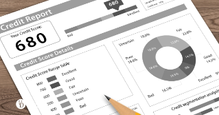 An image of a credit report with 680 and a pencil pointing to a specific point on the report.