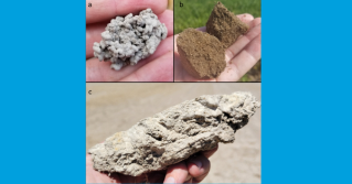 Soil aggregates forming a) granular structure due to earthworm castings, b) weak blocky structure in sand, and c) massive structure in salinity-affected silt loams. Photos courtesy: Jarrod Miller