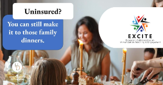 EXCITE photo with logo and a family eating a formal  holiday dinner