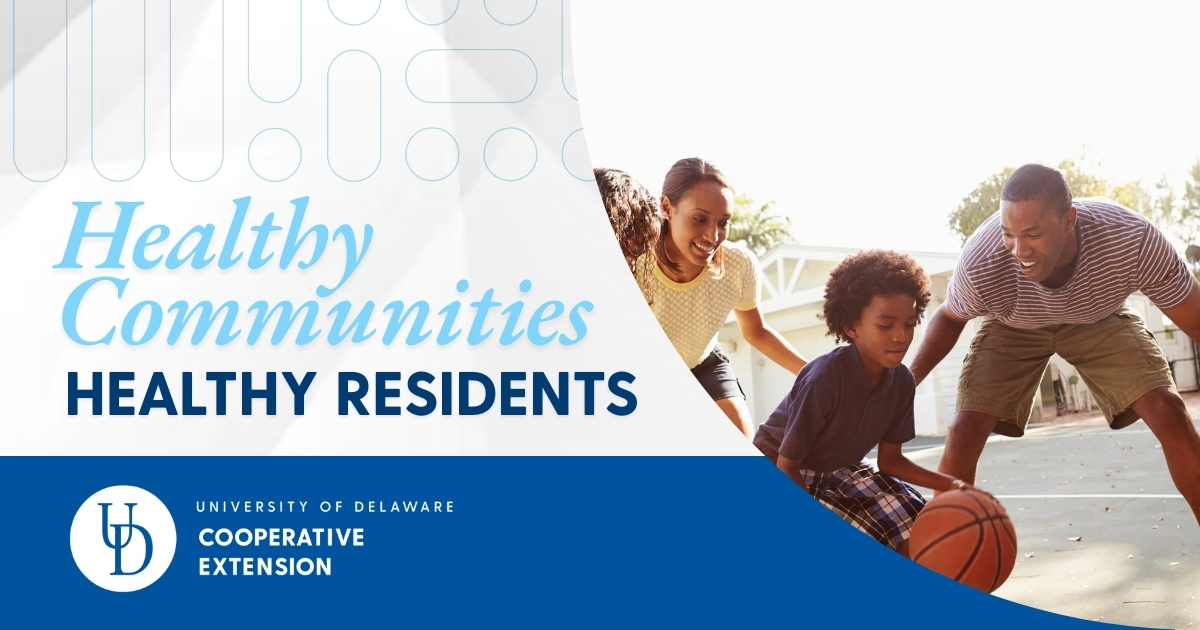 Healthy Communities-Healthy Residents title with family playing basketball together