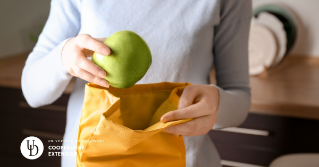 Someone packing a green apple into their lunch bag