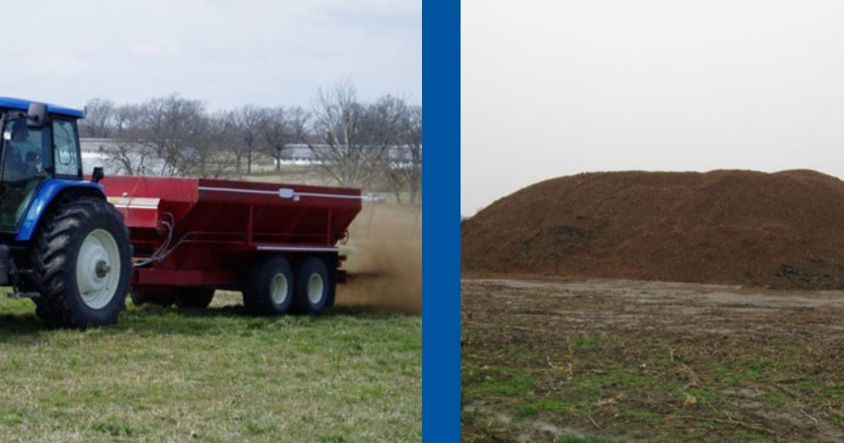 A tractor spreading poultry litter as fertilizer amd a photo with a pile of poultry litter A tractor spreading poultry litter as fertilizer amd a photo with a pile of poultry litter