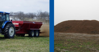 A tractor spreading poultry litter as fertilizer amd a photo with a pile of poultry litter