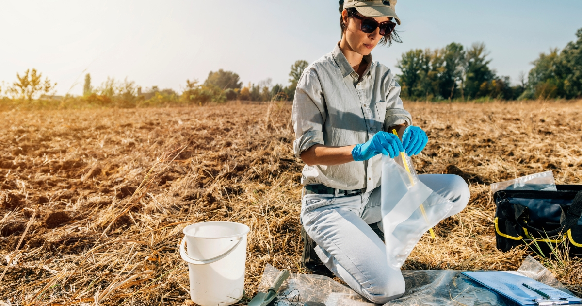 A woman taking a soil sample with a white bucket next to her in a field A woman taking a soil sample with a white bucket next to her in a field