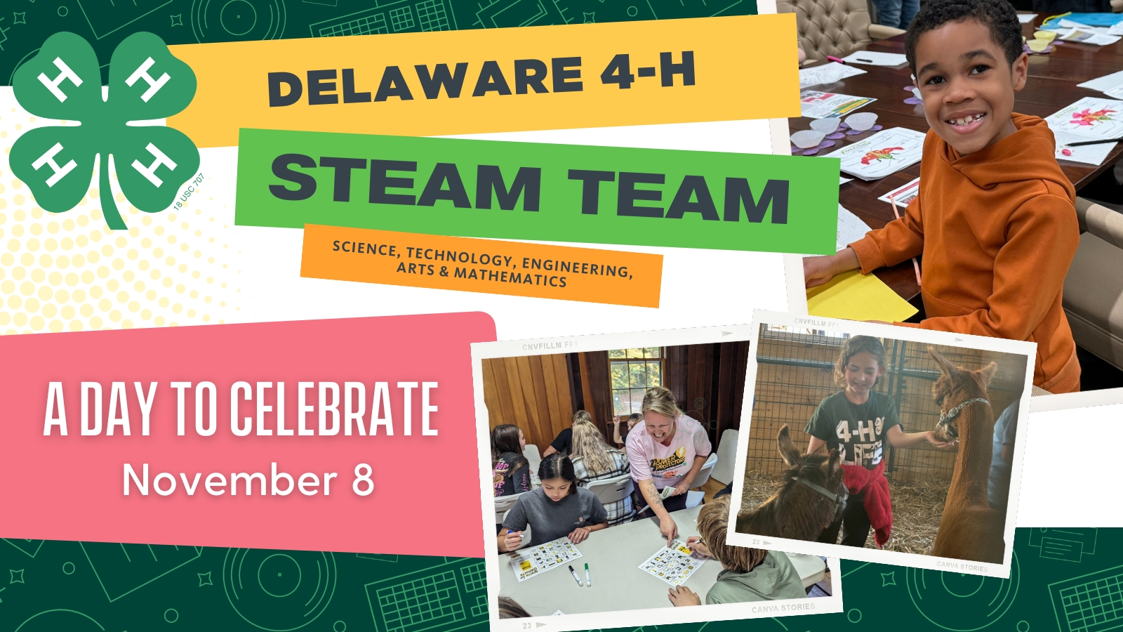 A photo collage of three photos from S.T.E.A.M events, one is of a young boy at a table, a girl with farm animals and the teacher helping the students