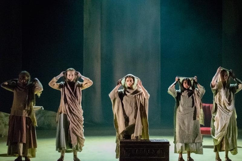 UD students Diane Counts, Amanda Herpel, Charlotte Kalilec, Esha Shah and Jenny Ziegler performed as the chorus in the spring 2023 REP production of the Euripides’ Greek tragedy “Medea.”