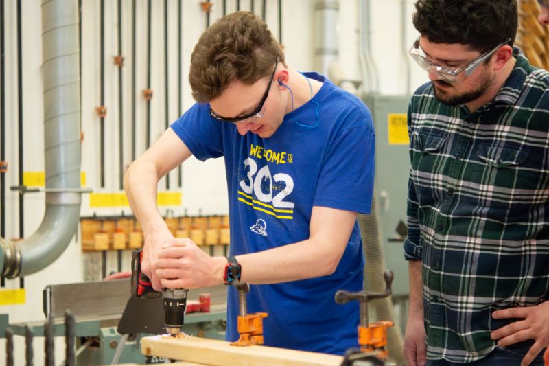 Pictured here is a student in Elliot Queale’s THEA300 Fundamentals of Stagecraft, which focuses on traditional techniques used in the construction and rigging of scenery and properties for the stage. This course gives students the unique opportunity to work in the Scene Shop, used by the REP for their productions. Students who choose the BA in Theatre Studies have an opportunity to focus on Theatre Production and work with experts in all areas of production.