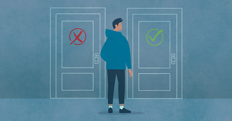 Illustration of a person looking at two doors, one with a red x and one with a green check