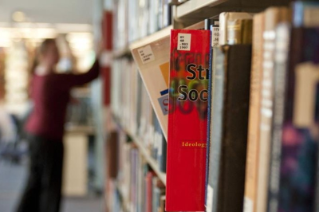 generic photo of a library shelf with books, blurred person standing in the background