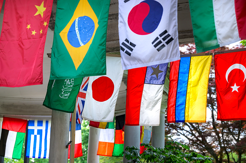 Several colorful international flags hanging on a front porch.