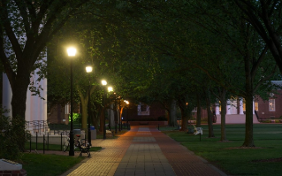 UD campus evening shot with street lamps lit