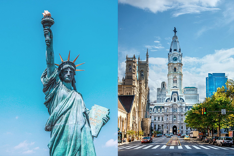 Images of the Statue of Liberty monument and another image of the Philadelphia City Hall.