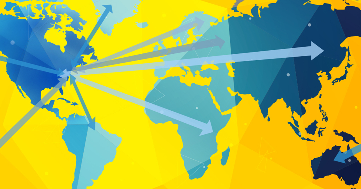 A graphic image with a yellow background and a blue map of the world with arrows pointing to various places in the world to represent where international students from UD come from. The graphic specifically uses UD colors blue and yellow to be further representtive. 