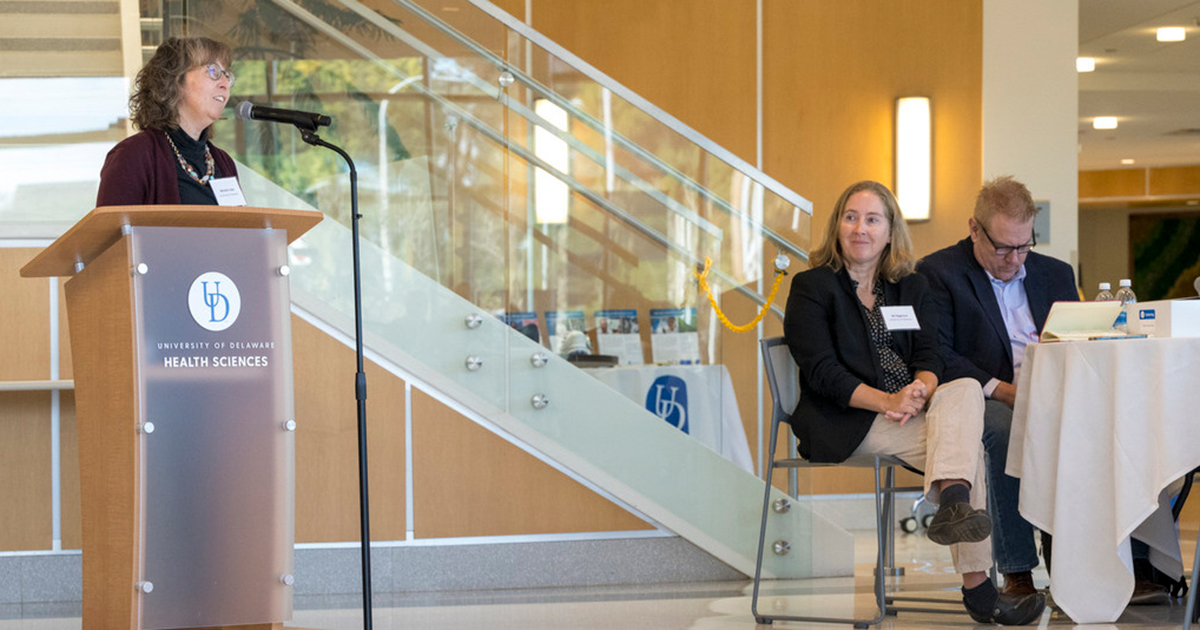 Michele Lobo, associate professor of physical therapy, speaks at a podium at a workshop while people look on.