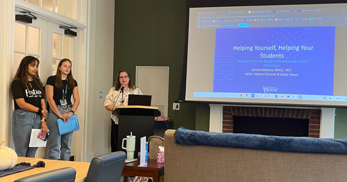 Interim Assistant Director for Health Promotion and Peer Education Jennie Maslow speaks with students in Warner Hall