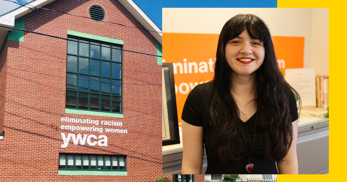 Exterior photo of YWCA Delaware and headshot of Rachel Brieger