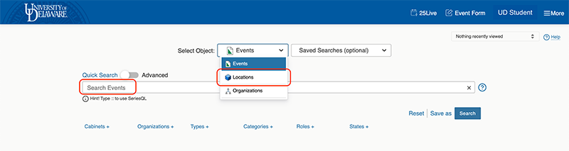 25Live screenshot highlighting the dropdown option for Locations and the Search Events bar