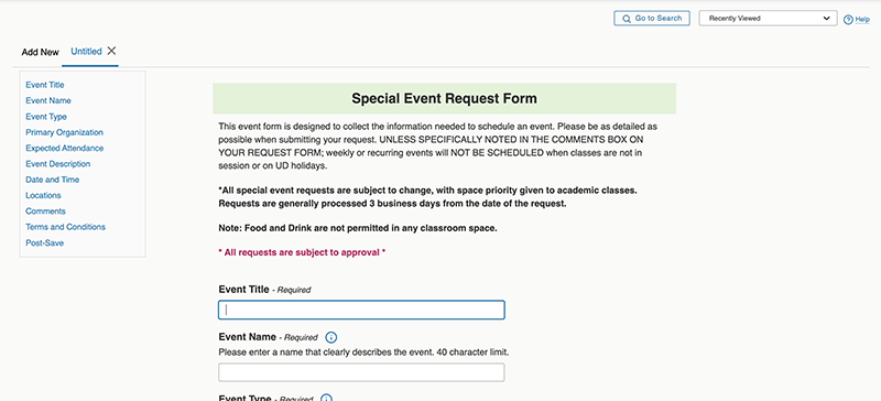 25Live screenshot showing the Event Request Form