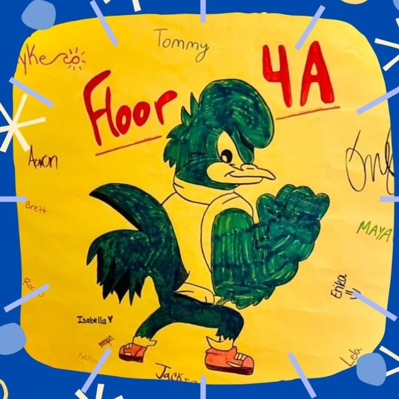 Drawing of a Blue Hen that reads "Floor 4A"