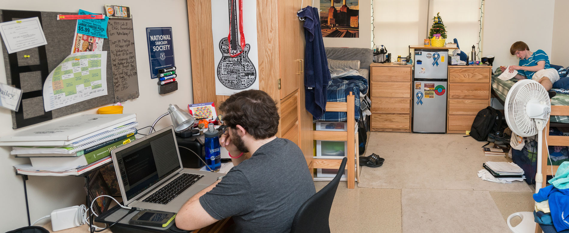 Student working in furnished and decorated double room